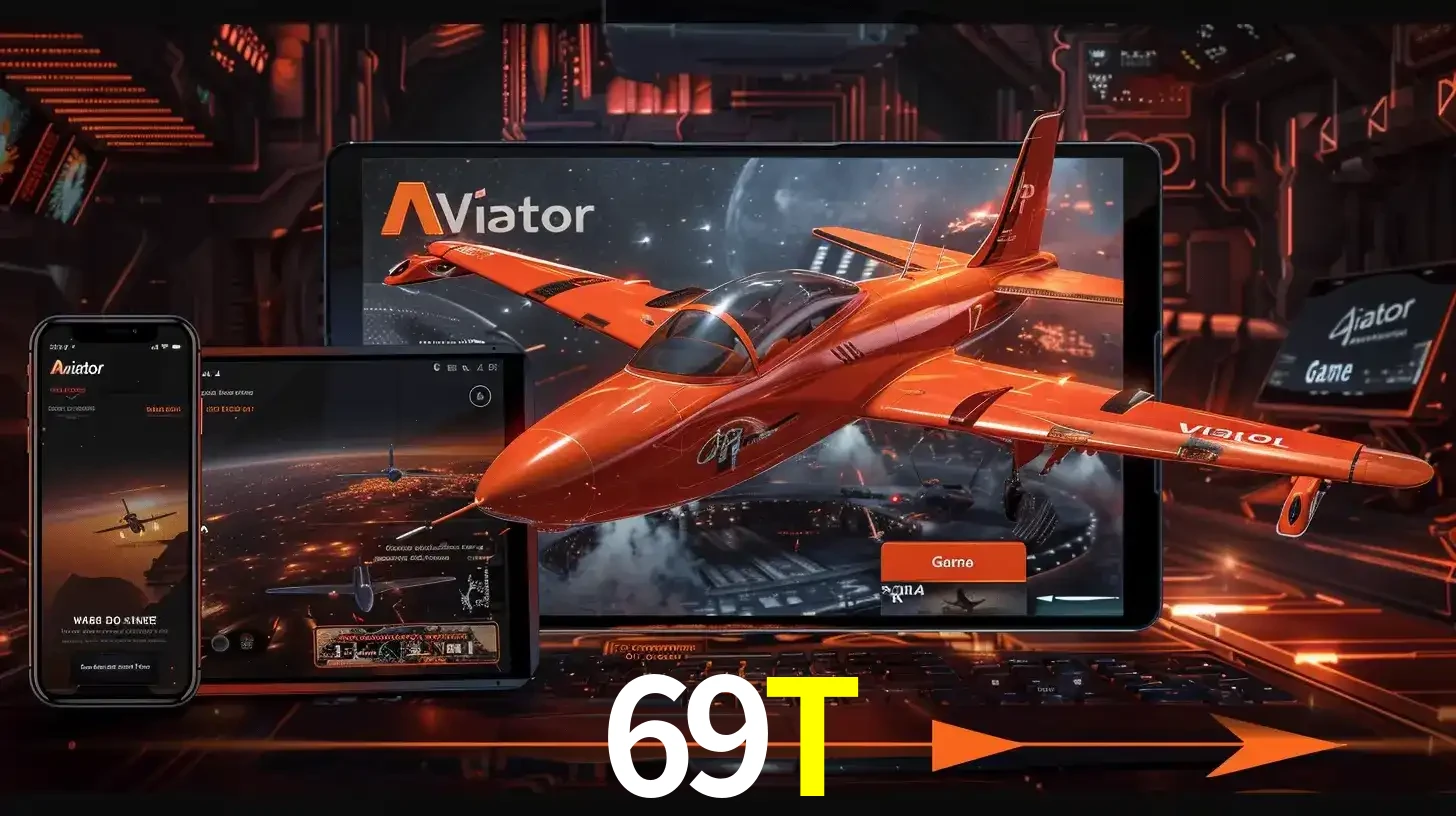 Apresentação tecnológica do jogo Aviator com um avião saindo da tela de um tablet, demonstrando a experiência imersiva em múltiplos dispositivos no 69T.
