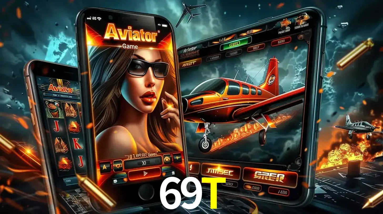 O popular jogo de apostas Aviator exibido em vários celulares e tablets, mostrando a interface emocionante e a ação de voo disponíveis para jogar agora no 69T.