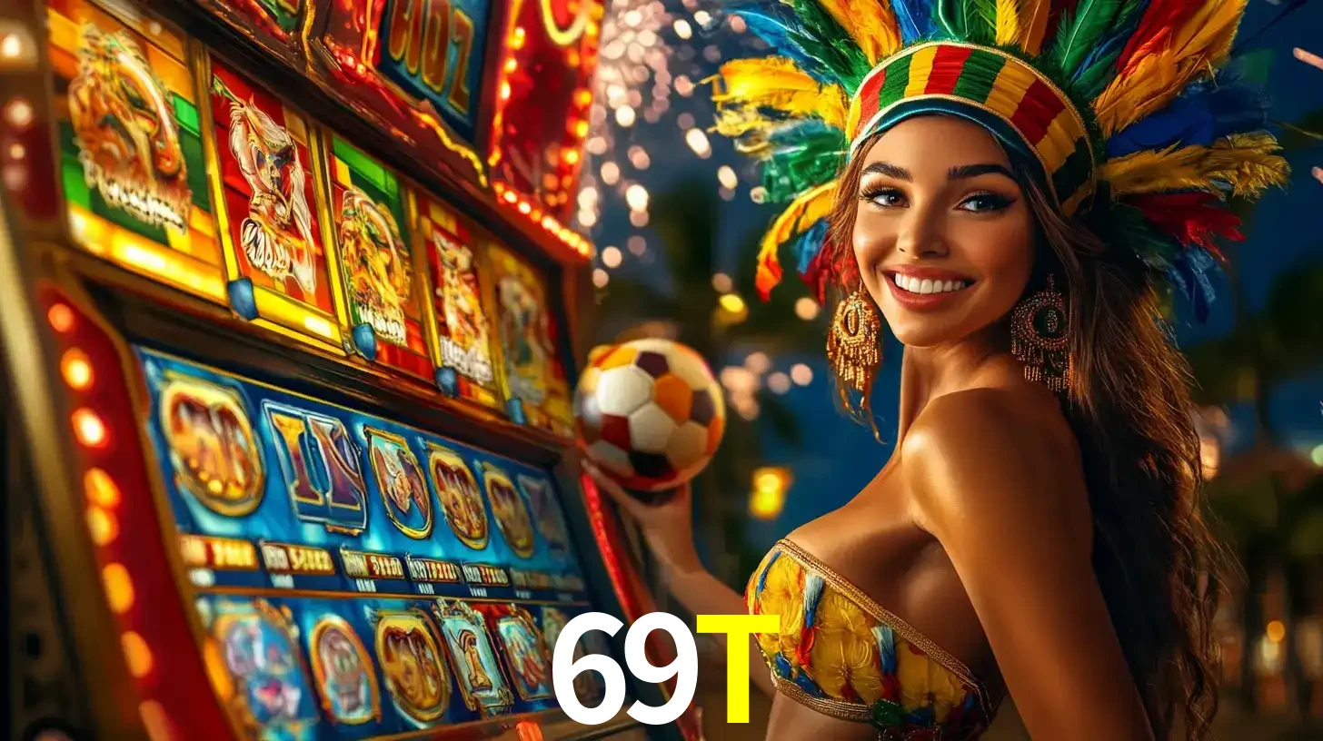 Mulher com um cocar de carnaval ao lado de uma máquina de caça-níqueis enquanto segura uma bola de futebol, mostrando a união da diversão de cassino e esportes no 69T.