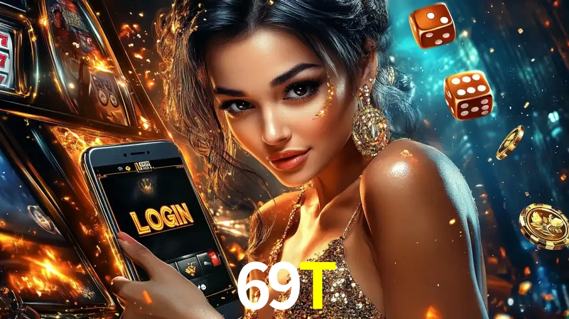 Mulher glamourosa segurando um celular com a tela de login do cassino 69T, rodeada por dados e moedas douradas, pronta para começar a diversão.