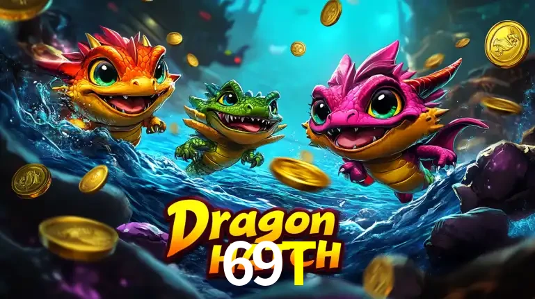 Arte promocional do jogo Dragon Hatch com três adoráveis dragões bebês nadando entre moedas de ouro, um dos slots mais divertidos para jogar no cassino 69T.