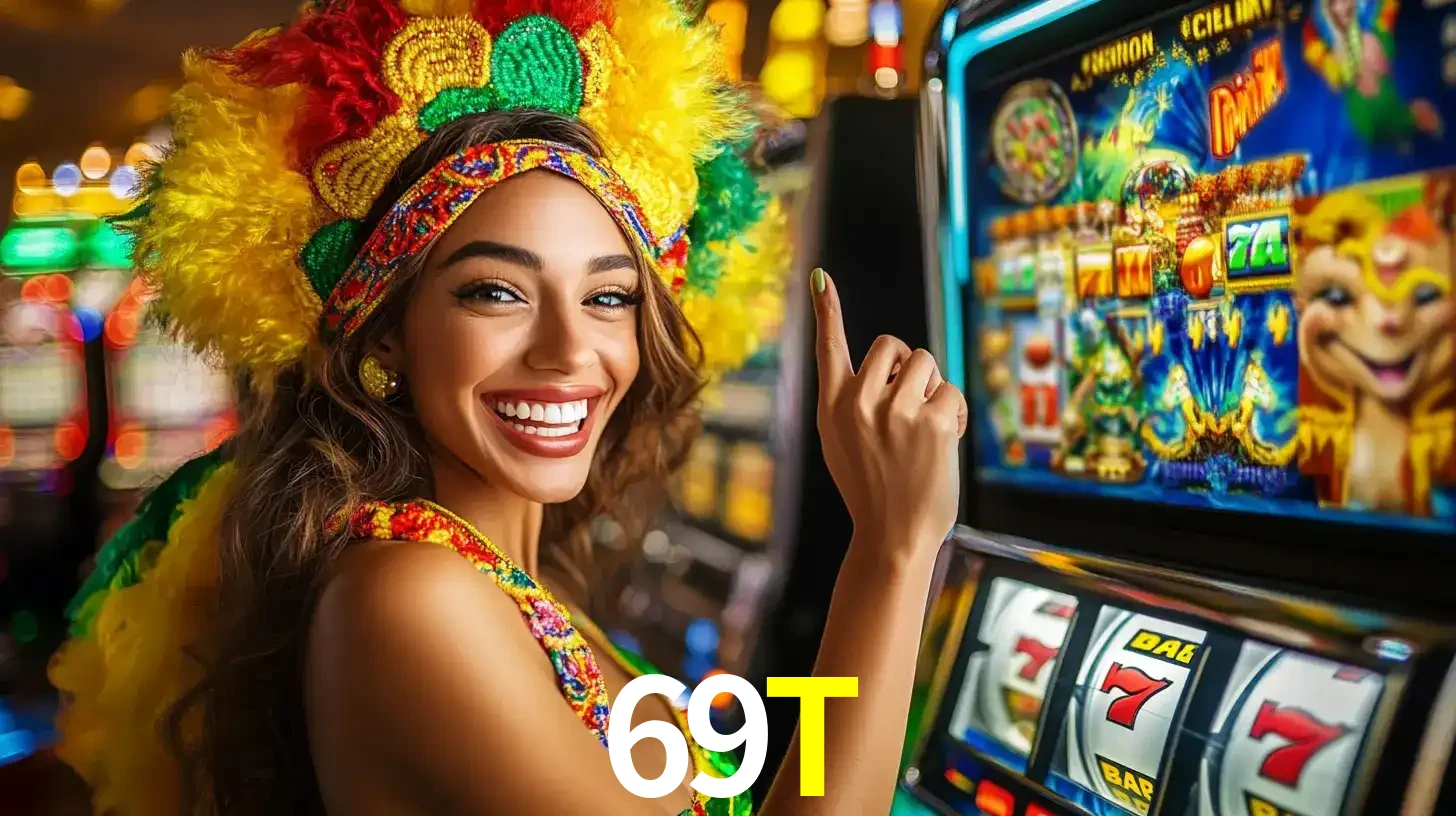 Mulher animada com um cocar de carnaval apontando para uma máquina de caça-níqueis, mostrando a emoção de ganhar um grande prêmio nos jogos do 69T.