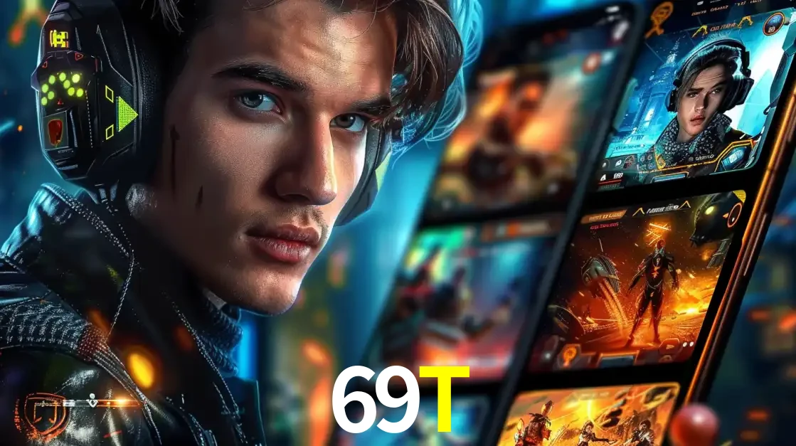 Jovem jogador com fones de ouvido olhando para a câmera, com um aplicativo de jogos e e-sports para celular ao fundo, pronto para a competição e apostas no 69T.