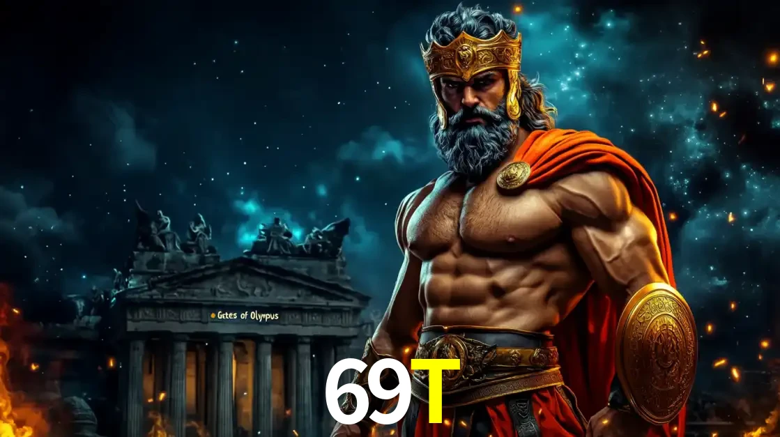 O poderoso Zeus do jogo de slot Gates of Olympus em frente ao seu templo, pronto para lançar multiplicadores divinos e prêmios épicos no cassino online 69T.