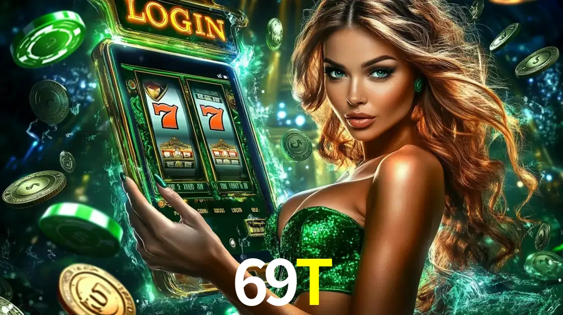 Mulher com tema verde apresentando o aplicativo do cassino 69T com um jogo de slot de 777, cercada por fichas de cassino e uma aura de sorte.