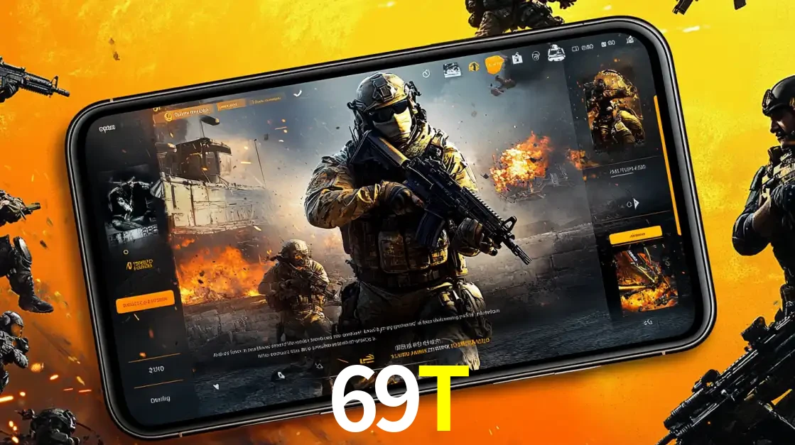 Um smartphone exibindo a interface de um jogo de tiro em primeira pessoa, com um soldado em um cenário de batalha, representando a ação dos e-sports para apostar no 69T.