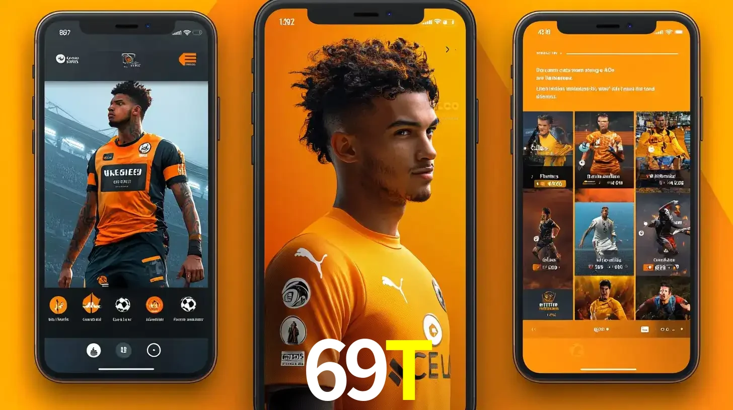 Interface do aplicativo de apostas esportivas 69T em três telas de celular, mostrando o perfil de um jogador de futebol e a lista de jogos disponíveis para apostar.