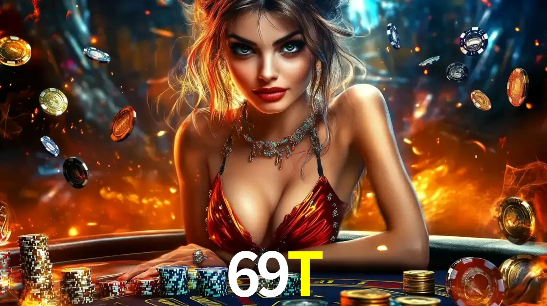 Mulher em uma mesa de cassino com pilhas de fichas e um fundo de fogo, pronta para uma rodada de altas apostas nos jogos de mesa emocionantes do cassino 69T.