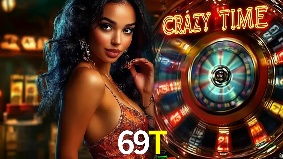 Mulher elegante ao lado da vibrante roda da fortuna do jogo de cassino ao vivo Crazy Time, um dos game shows mais populares e cheios de prêmios do 69T.