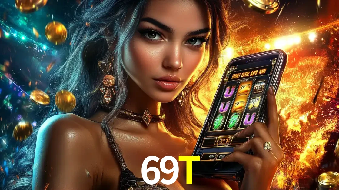 Mulher elegante mostrando um jogo de caça-níqueis em seu smartphone, destacando a experiência de cassino móvel oferecida pelo aplicativo 69T.