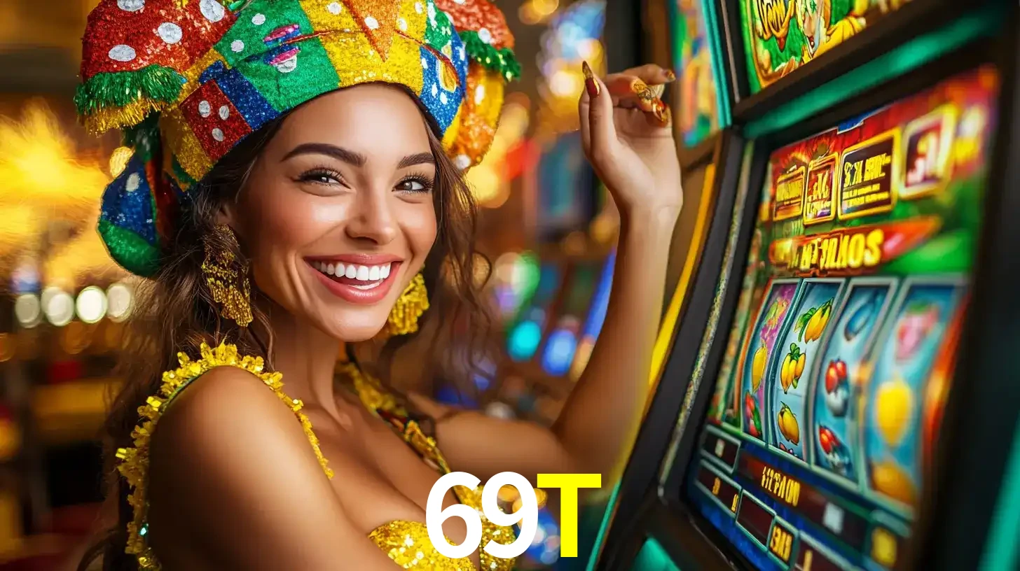 Mulher feliz com traje de carnaval amarelo e colorido ao lado de uma máquina de caça-níqueis, aproveitando a diversão e os jogos temáticos do cassino 69T.