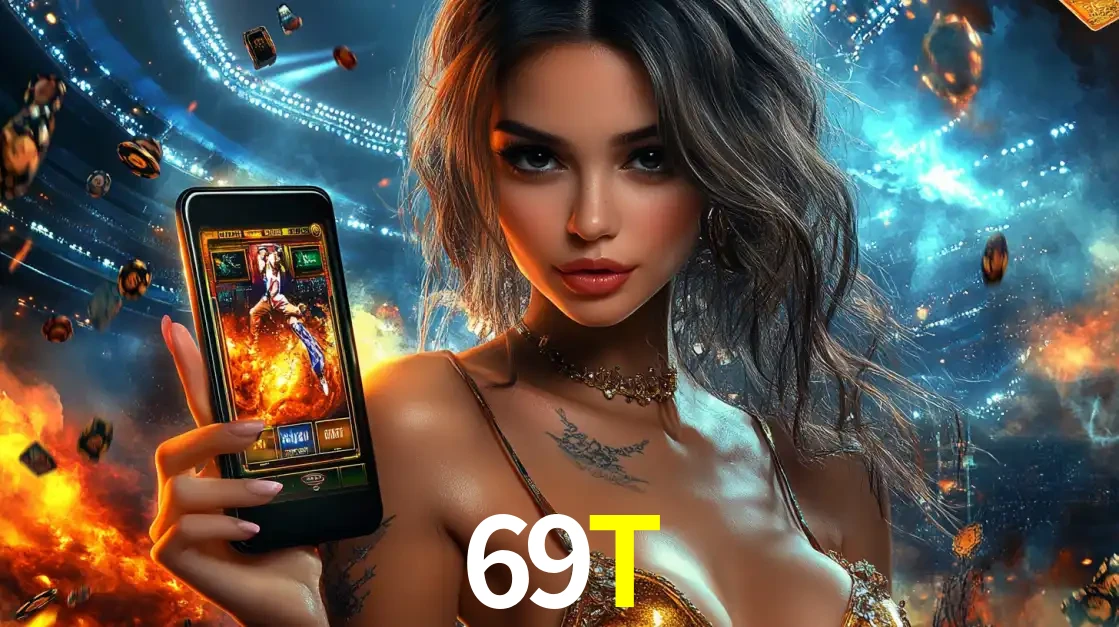 Mulher segurando um celular com um jogo de slot em destaque, tendo como fundo um estádio vibrante, simbolizando a emoção de jogar no cassino móvel 69T.