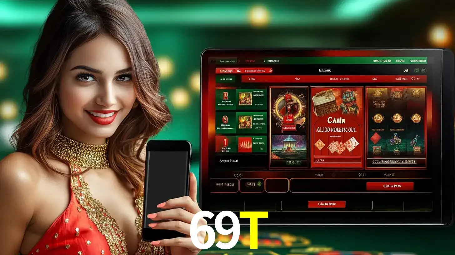 Mulher sorridente segurando um smartphone, ao lado de uma tela exibindo o lobby de jogos do cassino online 69T, com várias opções de jogos de cartas e slots.